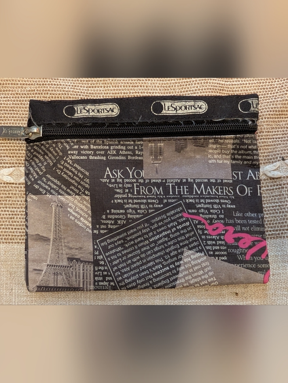 LeSportsac Black & Pink Printed Newspaper Fabric Pouch